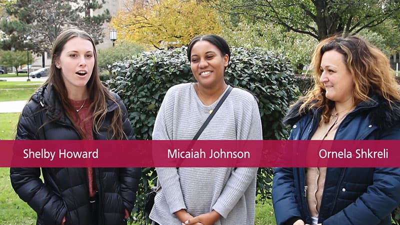 From left: Shelby Howard, Micaiah Johnson and Ornela Shkreli discuss their experience as graduate students enrolled in the School Psychology program at University of Detroit Mercy.