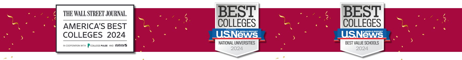 Image showing Wall Street Journal Rankings Badge and US News & World Report Rankings Badges for National Universities and Best Value Universities